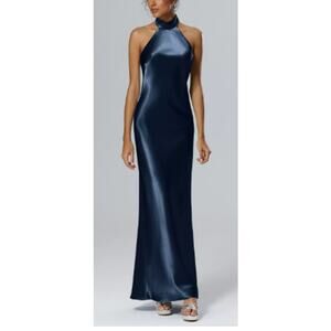 AW BRIDAL 10 L dark navy blue satin halter Mugwort party maxi dress NEW B128